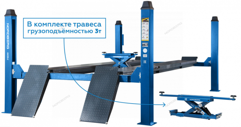 Подъемник 4-стоечный 5 т, c ручной траверсой 3 т N433, для сход-развала, 380 В, возд. снятие, синий 